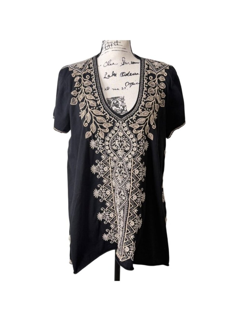 Johnny Was Womens Size L Tasya Drape Top Black Embroidered Tunic Cotton